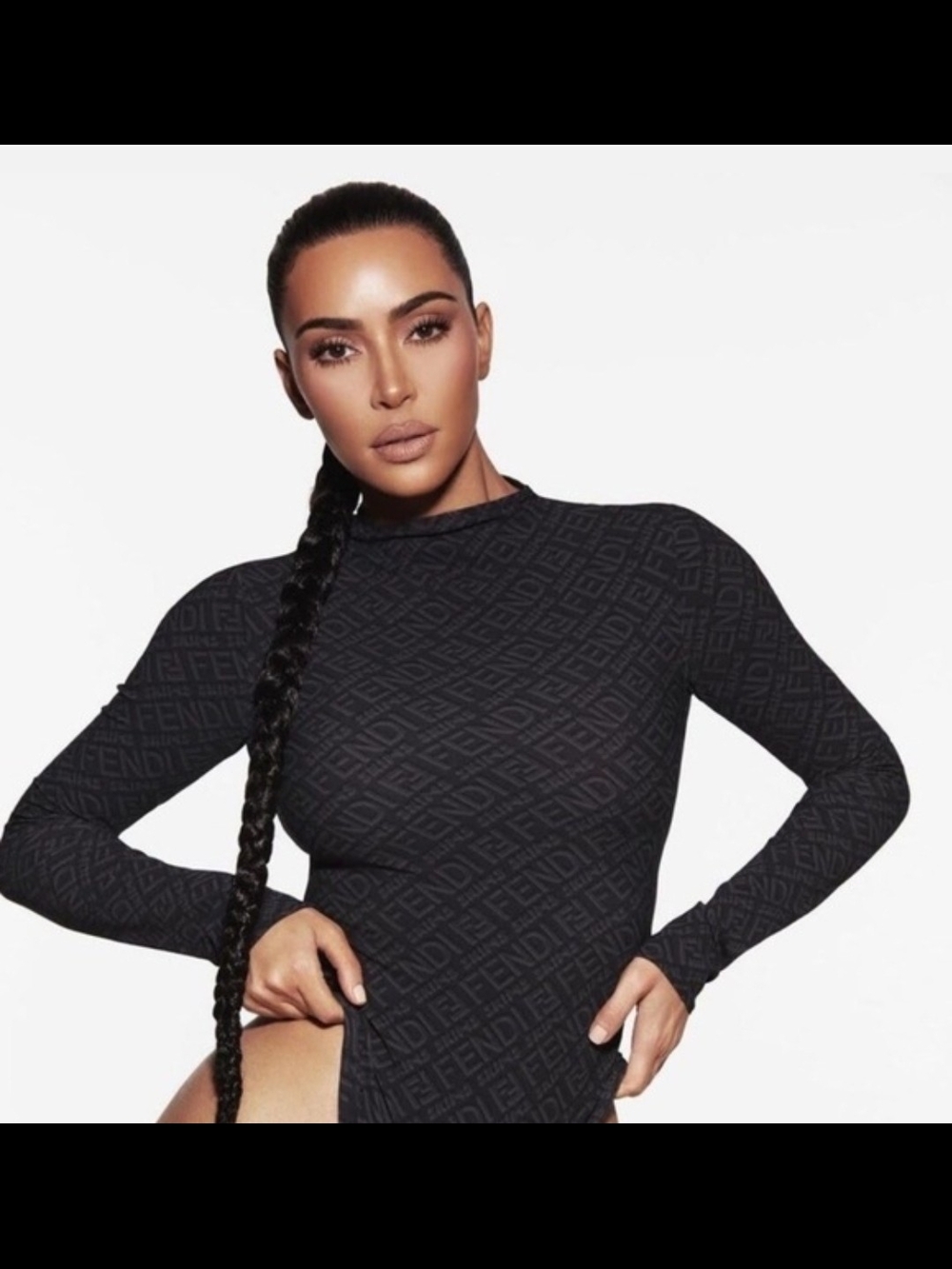 Fendi x Skims| Black Logo-Jacquard Long Sleeve Bodysuit